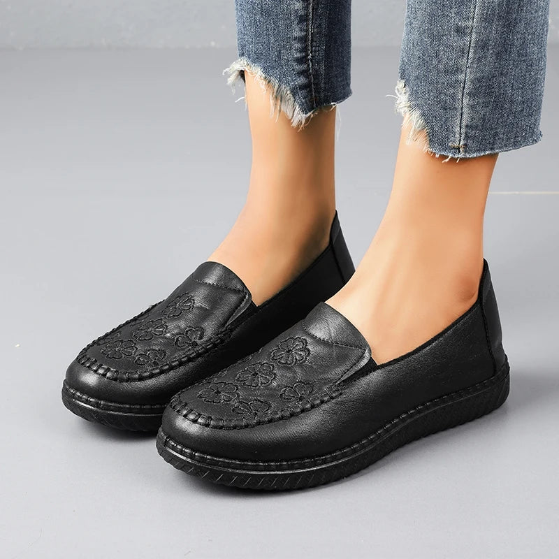 Women's Spring Autumn Leather Loafers Floral Embossed Slip‑On Flats Anti‑Slip Comfort Casual Mom Daily Walking Free Shipping Pi-Mart