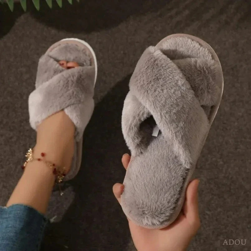 Winter Warm Slipper Women Fur Plush Indoor Lazy Thermal Furry Home House Fuzzy Cross Shoe Flat Flip Flop Leopard Print Fluffy LadyShow.Store
