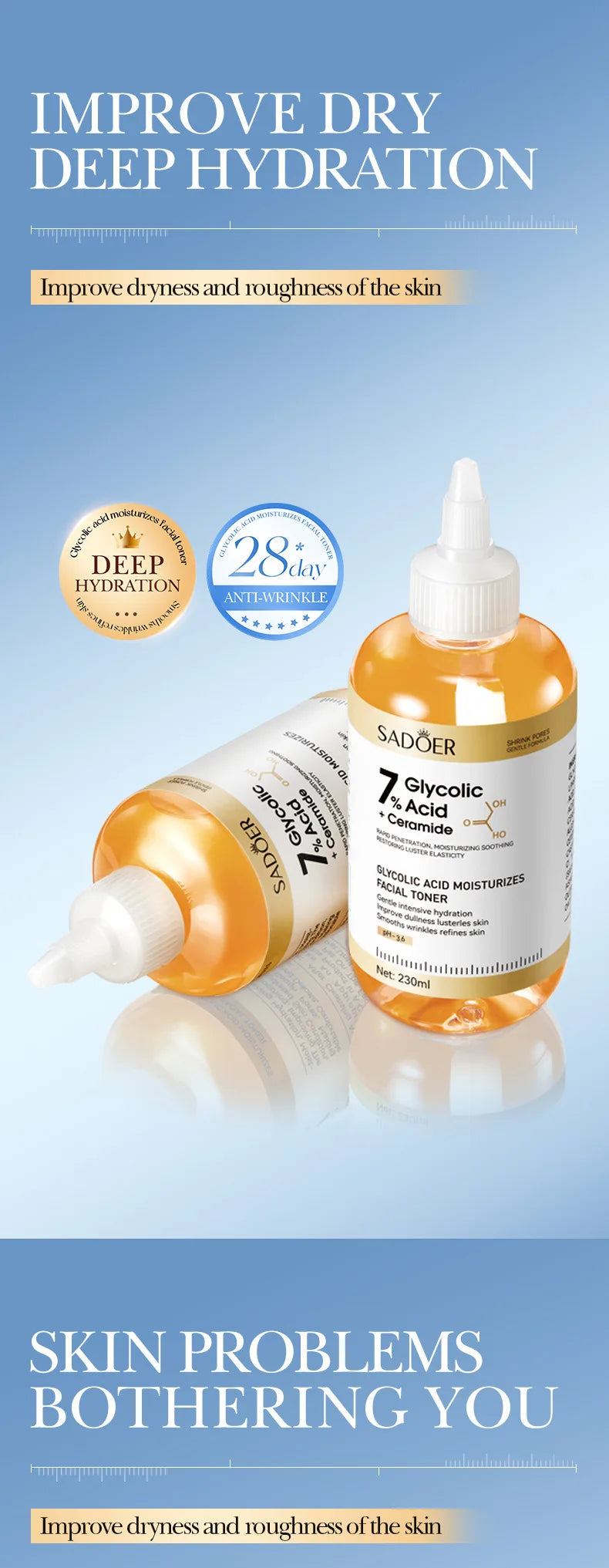 Toner SADOER Glycolic Acid Soothing Moisturizing Serum Improves Dirty and Dry Skin Fine Lines Pi-Mart