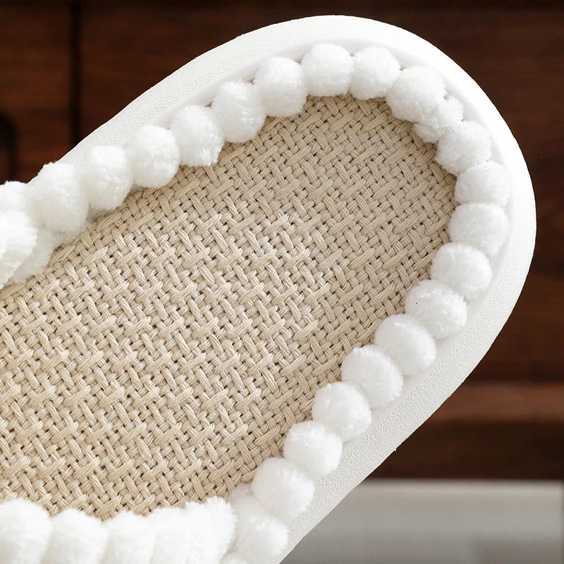 2024 Autumn Winter New Women Home Slippers Open-Toe Cross Band Linen Soled Indoor Slides Linen Soled Non-Slip Bathroom Slippers Pi-Mart