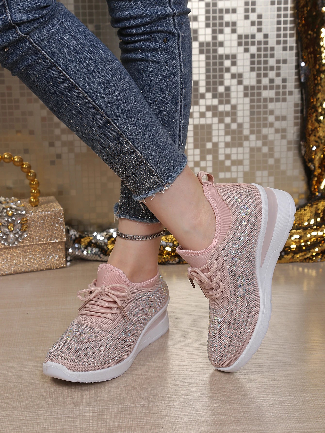 Women's Rhinestone Embellished Knit Mesh Wedge Sneakers, Adjustable Lace-Up Closure, Daily Walking Casual Footwear Pi-Mart