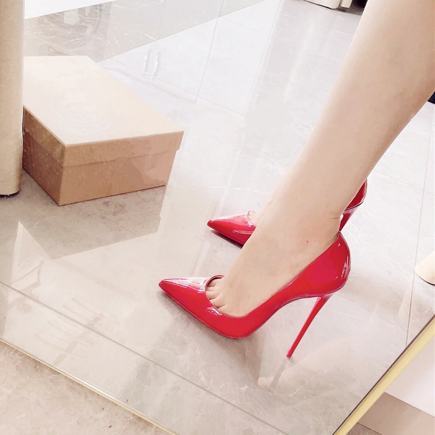 New Shallow Classic Patent Leather 12cm Fashionable and Versatile Work High Heels Nude 10cm Thin Heel Plus Size 33-46 LadyShow.Store