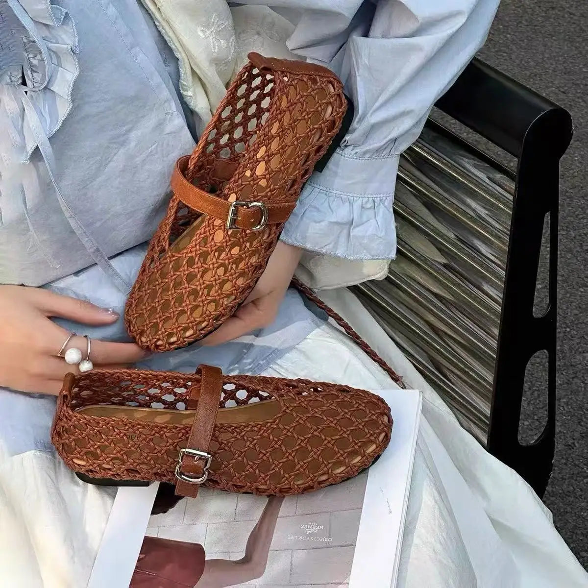 2026 Summer New Fashion Simple One-Buckle Vintage Flats for Women, Soft and Comfortable Ballet Shoes, Shallow Mouth Sandals Pi-Mart