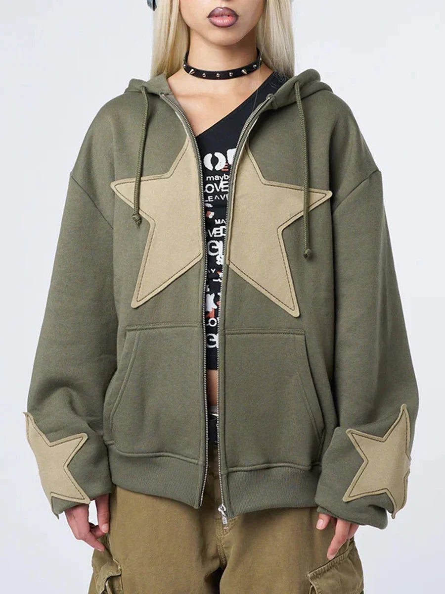 Y2K Vintage Star Print Hooded Hoodie for Women Casual Loose Long Sleeve Zip Up Drawstring Sweatshirts Autumn Spring Coat Street LadyShow.Store
