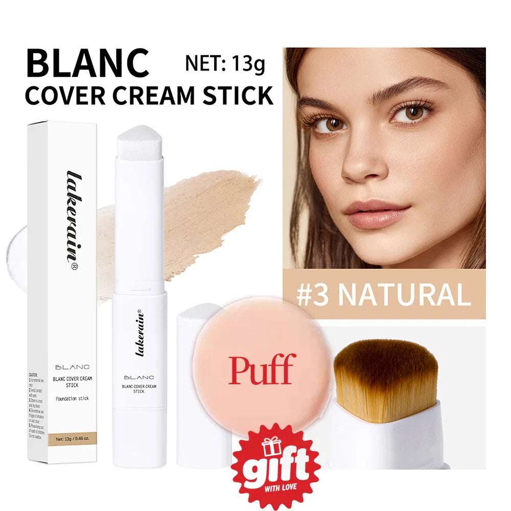 Lakerain Color Changing Foundation Stick Full Coverage Matte Finish Dual-Ended Brush & Stick Waterproof Smooth Foundation Makeup Tri Light Beauty