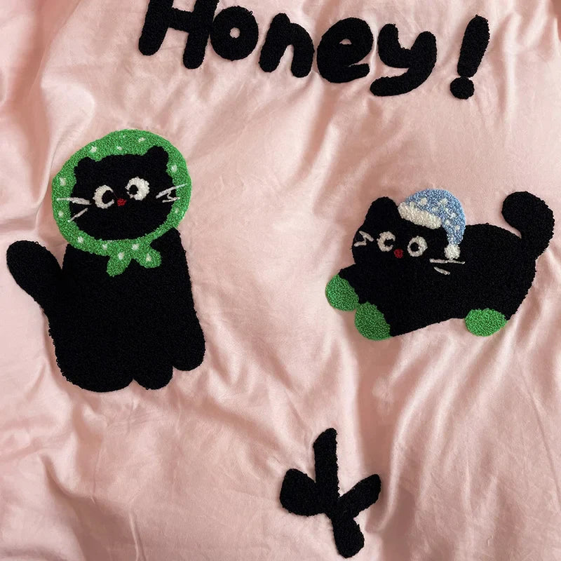 Cute Cat  Bedding Set For adults kids Brown pink Lovely Bed Sheet set With Pillowcases Colorful King Queen Full size LadyShow.Store