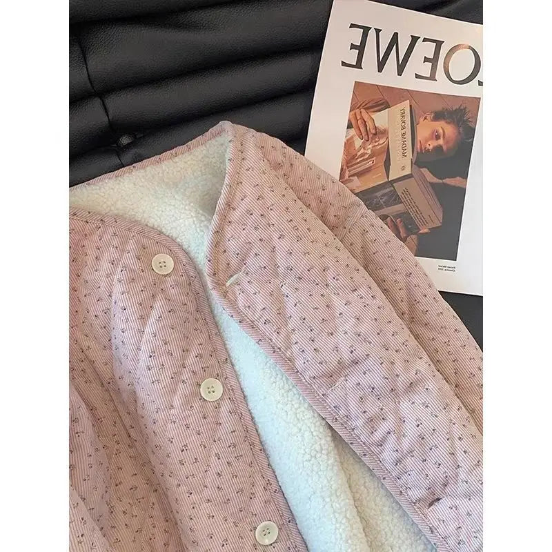 Chic Floral Corduroy Jacket for Women - Korean Loose Fit Round Neck Long Sleeve Cotton Top, Warm Versatile Autumn Winter Shacket Pi-Mart