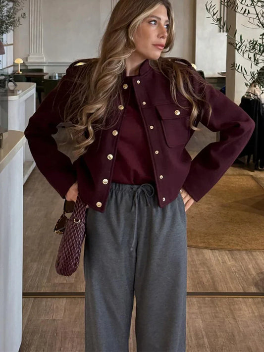 HH 2024 Fashion Women Soft Tweed Bomber Jacket O-Neck Long Sleeve Pockets Buttons Loose Woolen Coat Female Streetwear LadyShow.Store