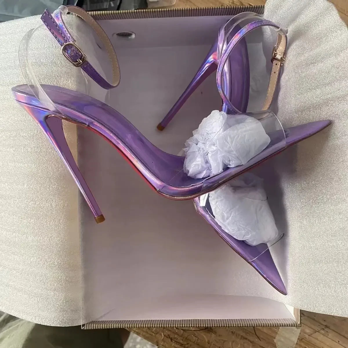 New European and American electric purple ultra soft transparent PVC sandals with straight stripes and slim heels, 12cm sexy Pi-Mart