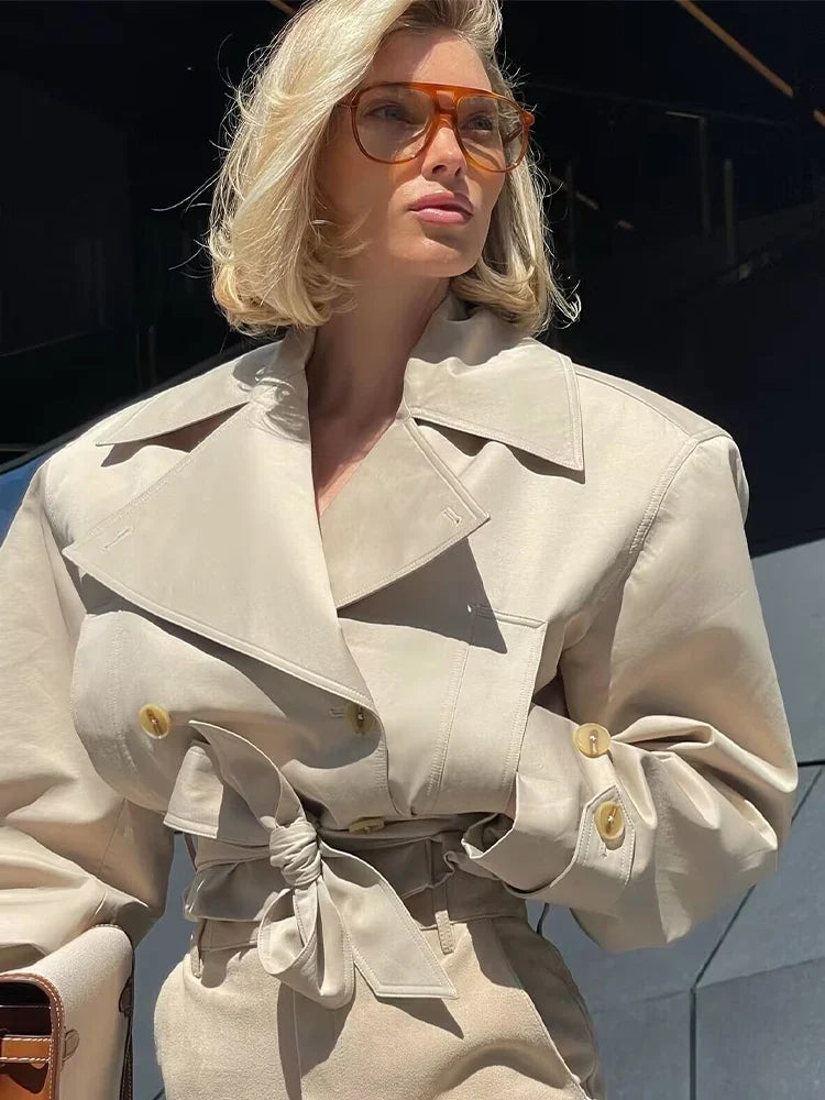 SLTNX 2026 New Women's British Wind Trench Coat Style Double-breasted Long Sleeve Belt Lapel Jacket Short Coat LadyShow.Store