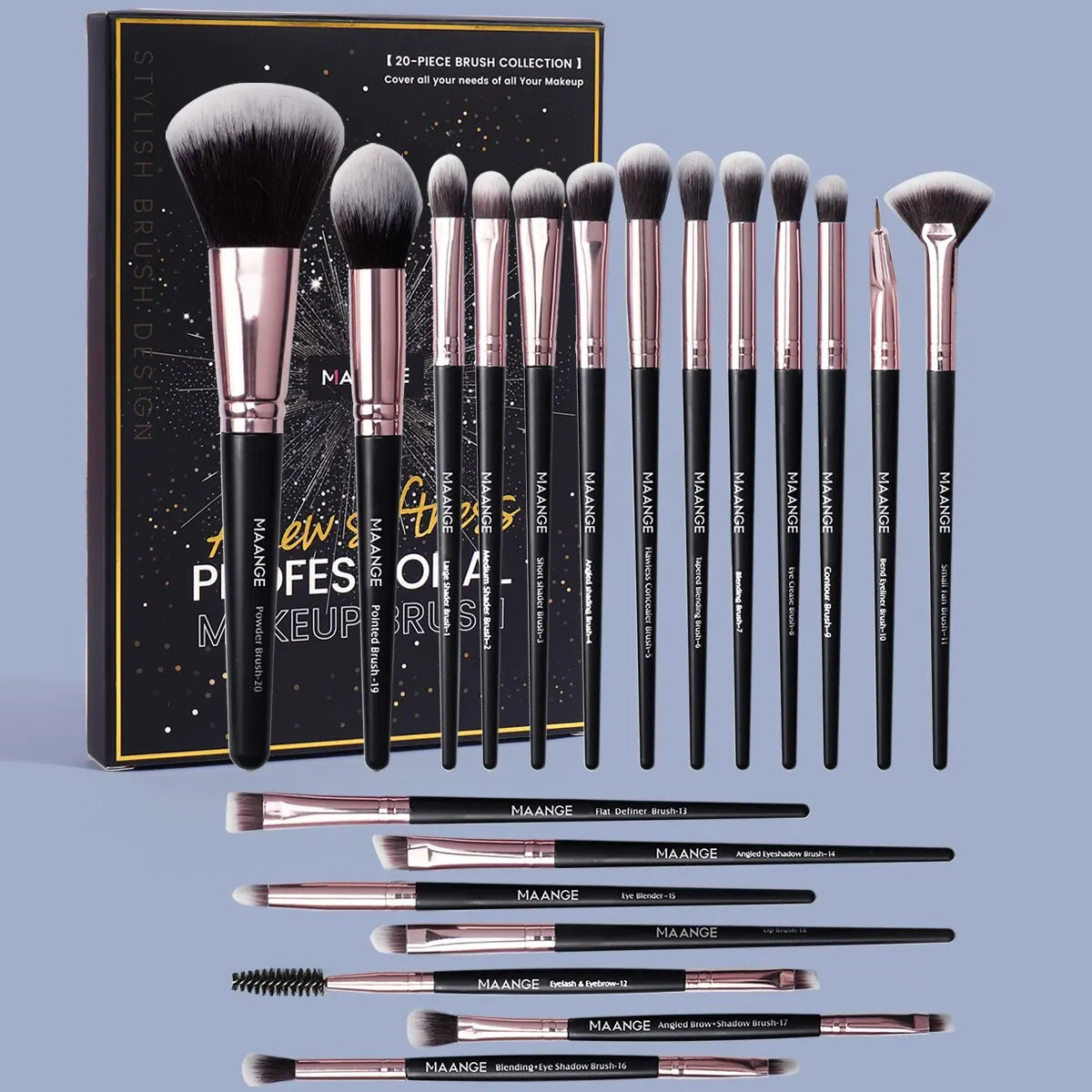 Maange 20Pcs Makeup Brushes with Box Professional Cosmetic Powder Eye Shadow Foundation Blush Blending Beauty Tool For Women Tri Light Beauty