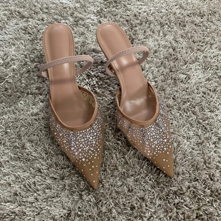 New Summer Women's Sandals Rhinestone Bright Mesh High Heels Footwear Elegant Slingback Pointed Slip on Party Lady Pumps Shoes LadyShow.Store