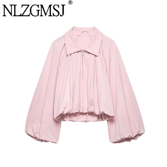 NLZGMSJ Women Bomber Jacket 2026 Spring Ball Sleeve Folds Zipper Loose Coat Female Casual Oversize Top Y2K LadyShow.Store