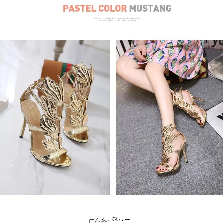 Stunning Gold High - Heel Open - Toe Sandals: Elegant Leaf Detailing, Perfect for Summer Evenings and Parties LadyShow.Store