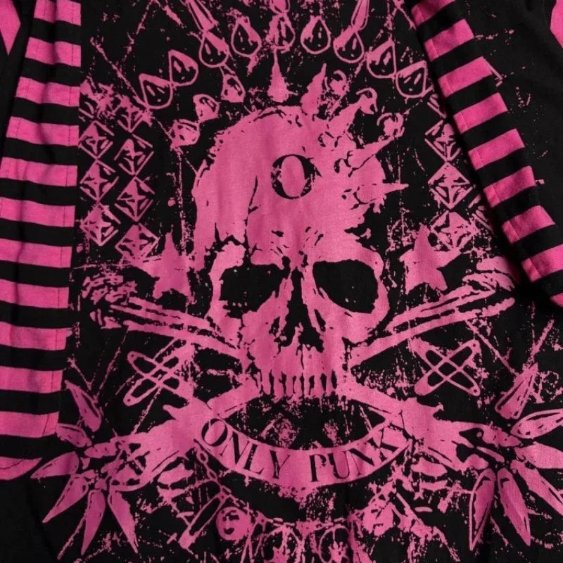 2026 Dark Pink Black Punk Skeleton Printed Striped Sleeve Hoodie Street Style Women's Zipper cardigan Wholesale LadyShow.Store