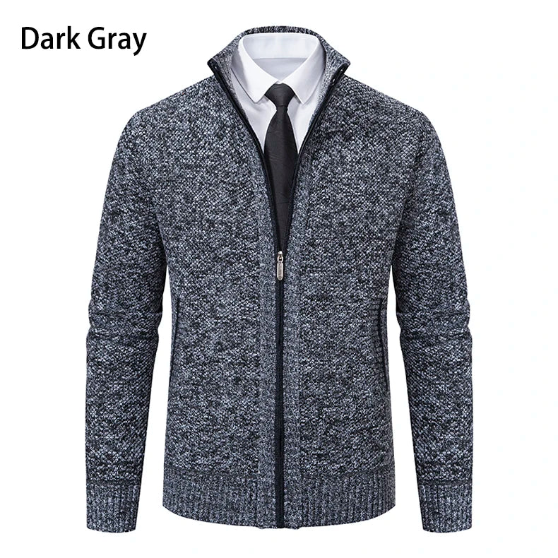 Autumn And Winter New Jersey Men's Casual Sports Coat Solid Color Stand Collar Wweater Grab Fleece Warm Zipper Cardigan Pi-Mart