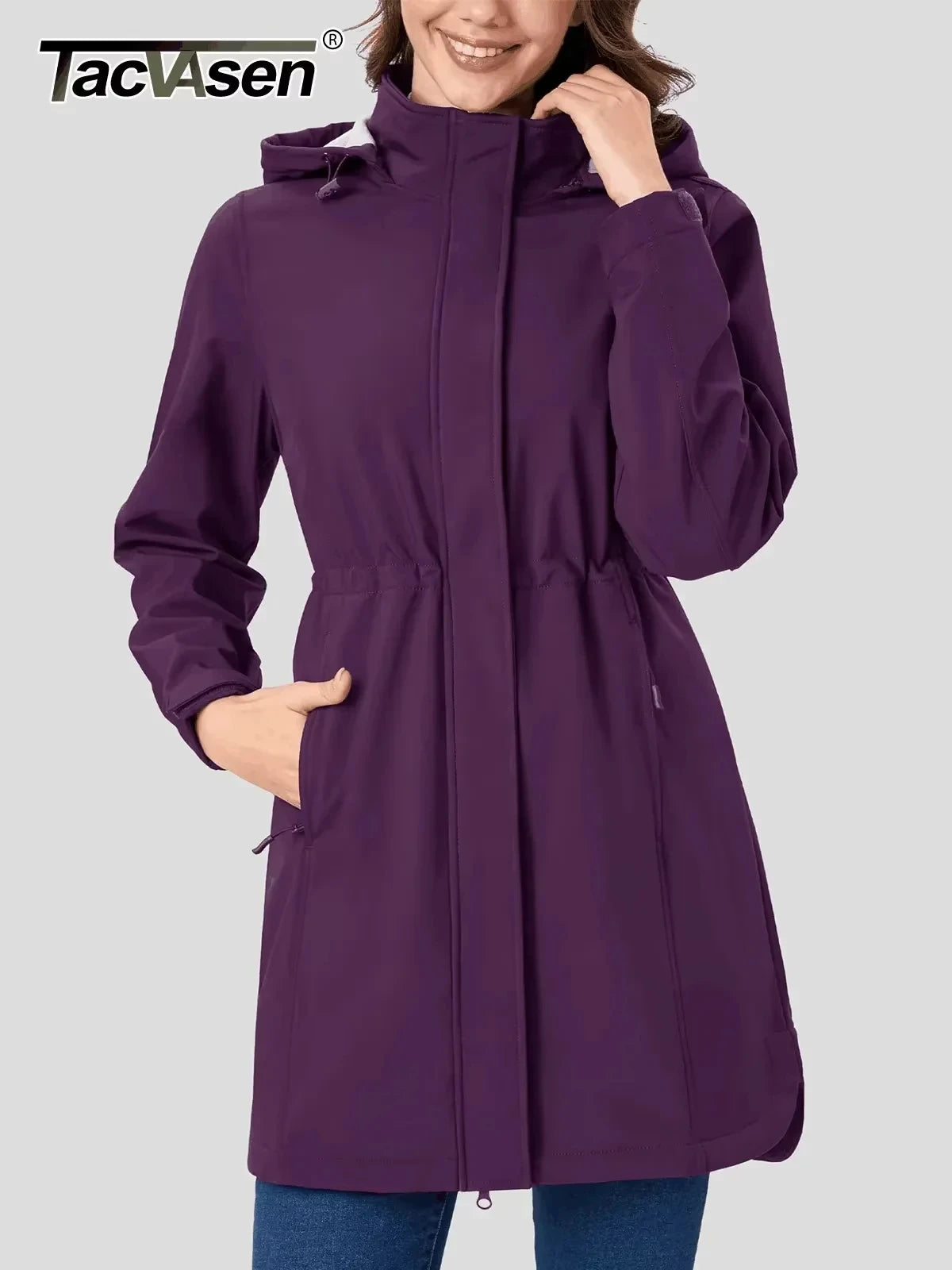 TACVASEN Women's Long Hooded Jacket Fleece Lined Softshell Jacket Waterproof Windproof Hiking Jacket Rain Coat Windbreaker Parka Pi-Mart