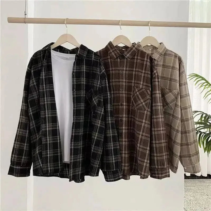 Plaid shirt women long sleeve retro port taste loose size women Korean version of the spring wear student jacket LadyShow.Store