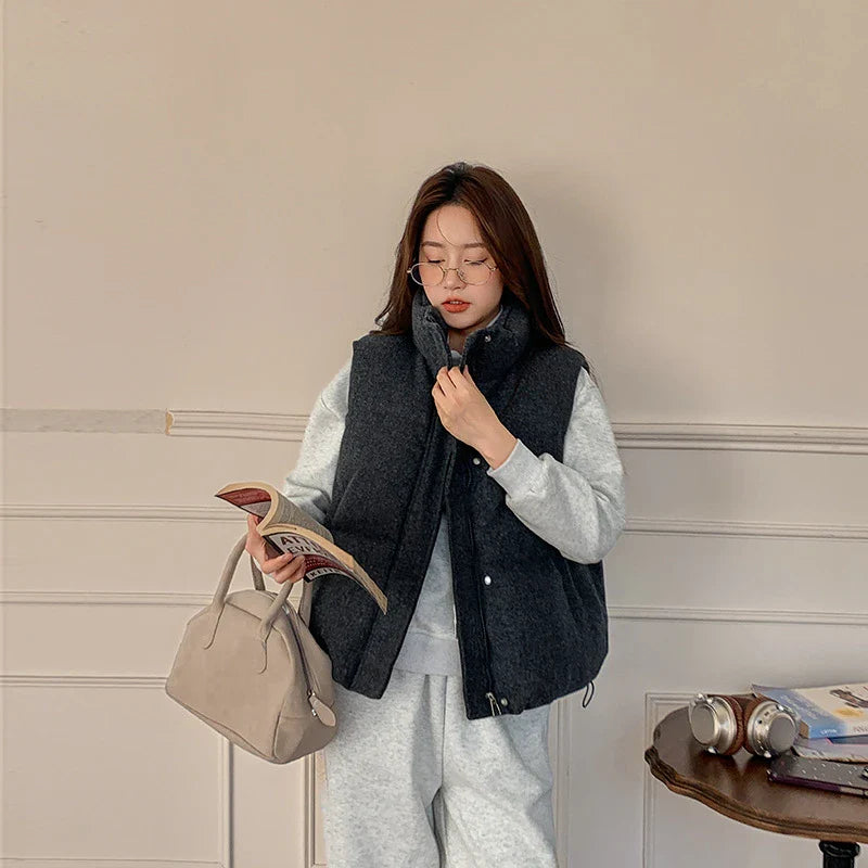 Short Down cotton Vest Women's 2025 Korean Fashion New Stand-up Sleeveless Zipper Student Vest Jacket Black Gray Waistcoat Tide LadyShow.Store