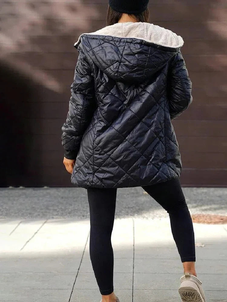 Women Fleece Lined Hooded Quilted Coat Diamond Grid Puffer Jacket Warm Sherpa Lining Zip Up Mid Length Winter Outerwear Parka LadyShow.Store