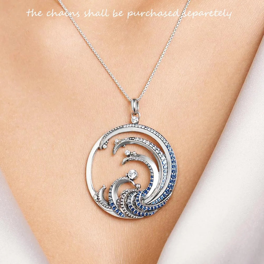 Wave With Blue Stone Pendants New Expressive Jewelry Pure 925 Sterling Silver Accessories Ocean Gift For Women Pi-Mart