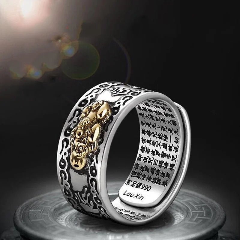 Chinese Feng Shui Pixiu Ring Silver Plated Copper Coins Adjustable Rings for Women Men Amulet Wealth Lucky Jewelry Birthday Gift Pi-Mart