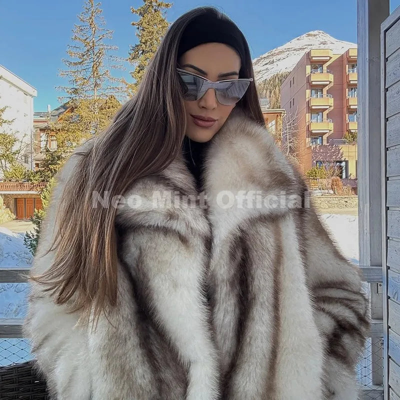 Neo Mint 2025 Winter Exclusive Striped Faux Fur Jacket Women Overcoat Brand Blogger Fashion Fluffy Fox Fur Collar Coat Outerwear LadyShow.Store