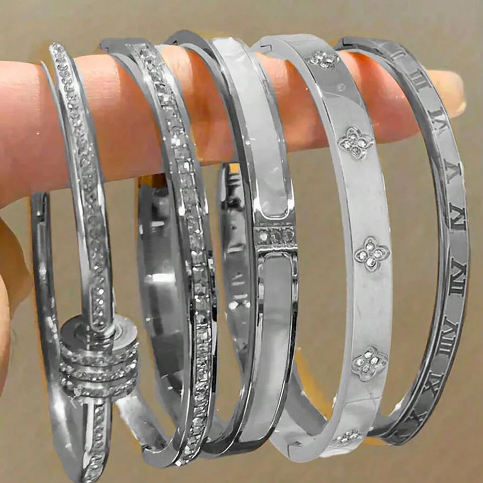 ZAKOL 5/1pcs Sparkling Zirconia Inlaid Stainless Steel Bracelet Set for Women Stackable Bangles Fashion Non Fading Jewelry Gift Pi-Mart