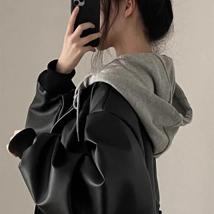 Korean High-end Black PU Leather Jacket Women Fashion Hooded Loose Spring Autumn Zipper Fake Two-Piece Versatile Outerwear LadyShow.Store