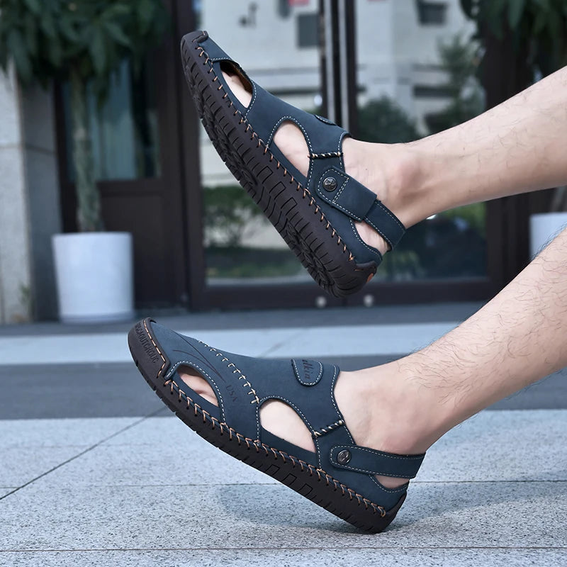 New Handmade Summer Sandals Men Breathable Leather Shoes Man Outdoor Men Sandals Antiskid Beach Sandals Hollow Shoes Fashion Pi-Mart