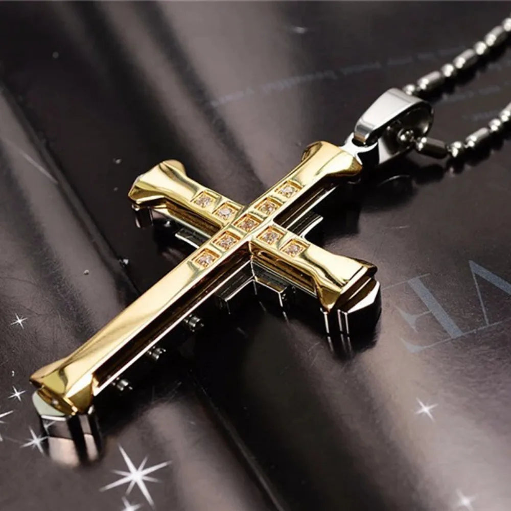 2024 New Male Crystal Cross Jesus Pendant Gold/Black/Blue Color Zirconia Cross Pendant Necklace Stainless Steel Jewelry Pi-Mart
