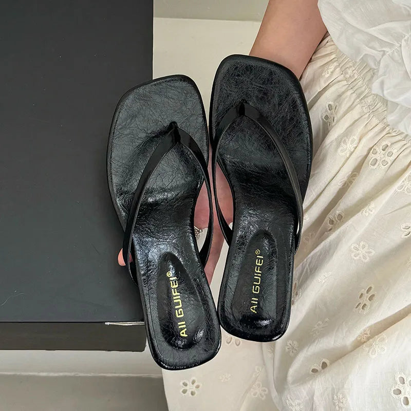 Fashion Square Toe Women 4CM Heels Slippers Slides Sandals Summer Casual Female Flip flops Ladies Thin Heel Slippers Shoes Pumps LadyShow.Store