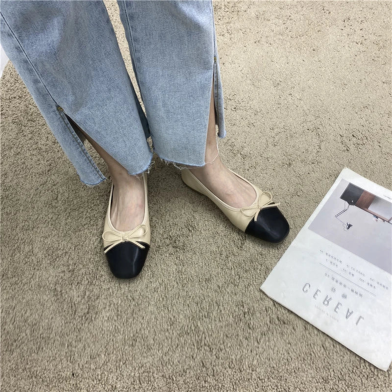 Large Size 44 45 46 47 48 Flat Shoes Women's Spring  Autumn Bow New Square Toe Shallow Ladies Shoes loafers women zapatos mujer Pi-Mart