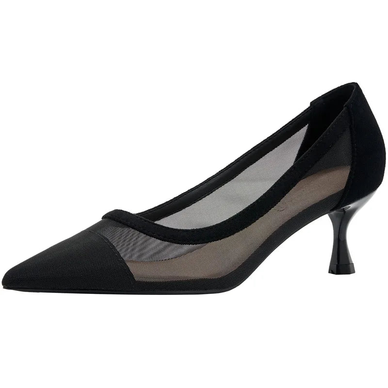 maogu Black Women Pointed Toe High Heel Work Shoes Dot Mesh Vintage Elegant Shallow Stiletto 2023 Spring Summer Thin Heels Pumps LadyShow.Store