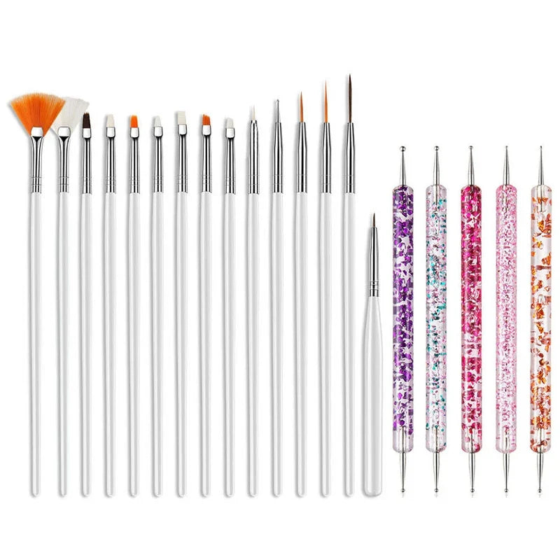 5/20Pcs Nail Art Brush Design Tip Painting Drawing Carving Dotting Pen FlatFan Liner Acrylic Gel UV Polish Manicure Tools Tri Light Beauty