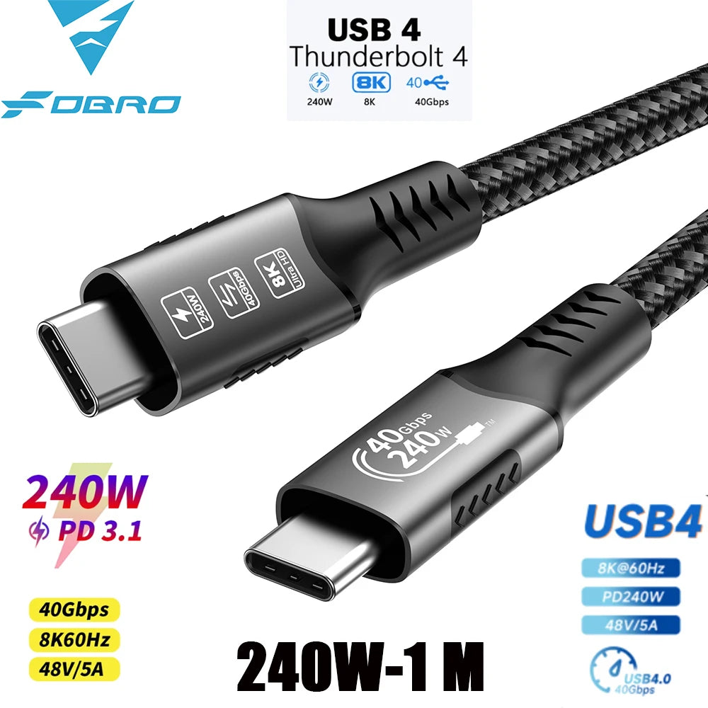 USB4 Cable 40Gbps 48V 240W For Thunderbolt 4 Type C Fast Charging Cable Thunderbolt3 USB C to C Data Transfer Cable For Laptop Pi-Mart