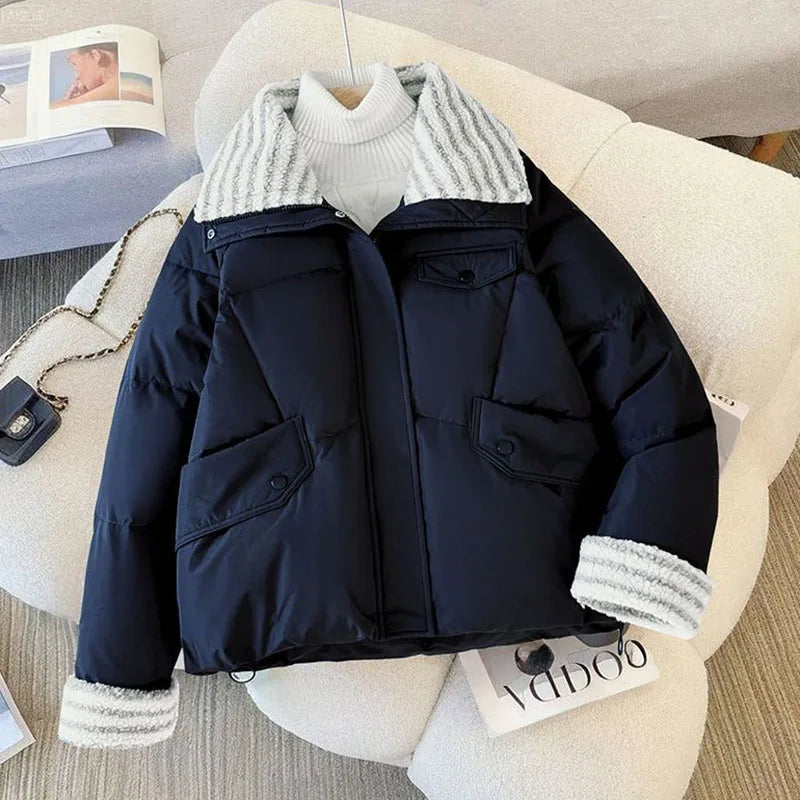 Women Lapel Collar Parkas Jacket Autumn Winter Femme Short Cotton Padded Coat Lady Fashion Long Sleeves Puffer Outwear LadyShow.Store