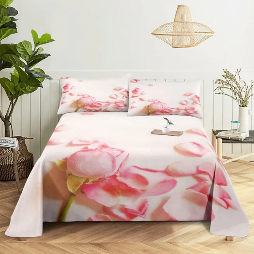 Pink Rose Bed Sheet Sets 3D Print Flowers Bed Flat Sheet for Women Girls King Queen Full Twin Size 2/3pcs Bed Linen Room Decor LadyShow.Store