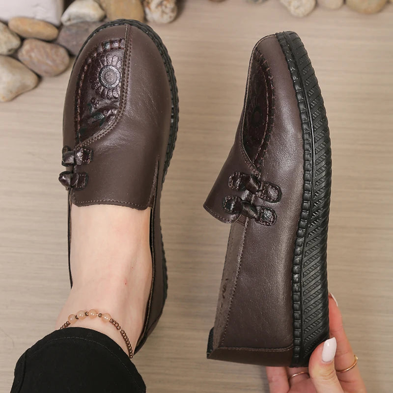 Women's Leather Flat Shoes, Spring and Autumn Women's Loafers, Single Classic Mom Shoes, Anti-Slip Comfortable and Free Shipping Pi-Mart