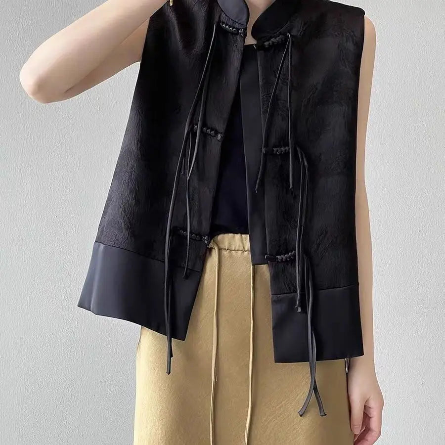 2026 spring new chinese new style plate buckle waistcoat jacket jacquard stand collar sleeveless retro women cheongsam waistcoat Pi-Mart