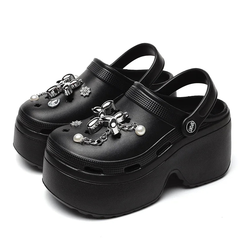 New Women's Silver Platform Clogs Summer 2025 Comfortable Slip on Wedge Sandals Woman Fashion Chain Thick Sole Garden Shoes Lady LadyShow.Store