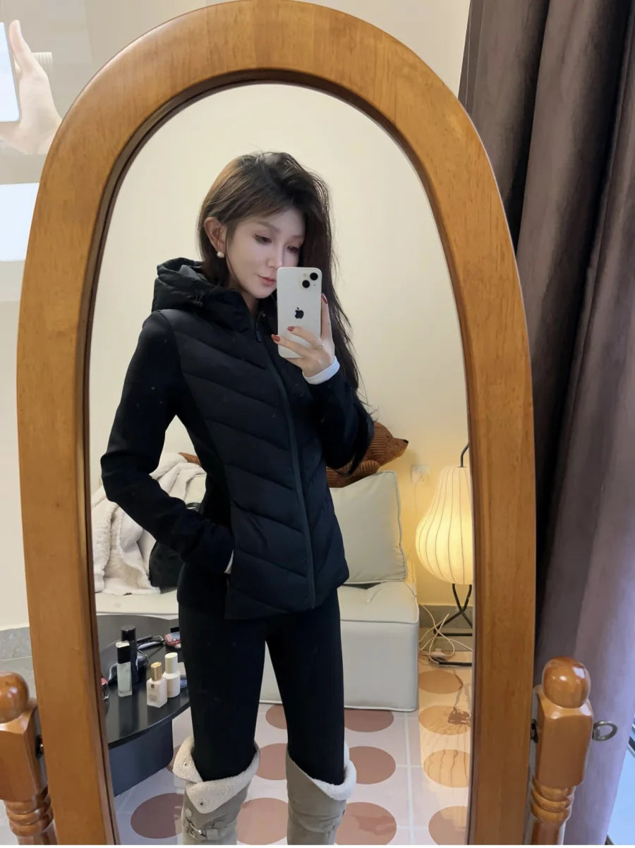 ETJ 2025 new  women's elegant fashion patchwork long sleeve standing collar hooded cotton jacket sport coat 8073227 Pi-Mart