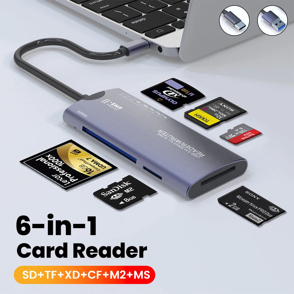 Elough 6 in 1 Card Reader SD TF XD CF M2 Memory Card Readers USB Adapter Type C High Speed Data Transfer Cardreader For Laptop Pi-Mart