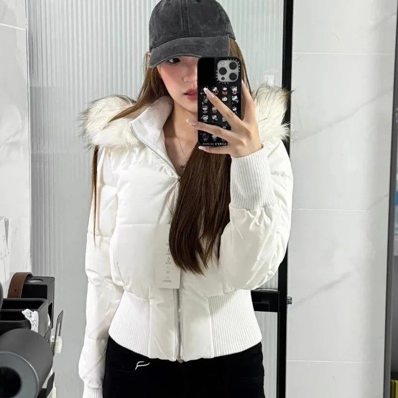 Autumn Winter Fur Collar Hooded Cropped Puffer Jacket Women's Warm Cotton Padded Jacket Short Top Windproof Coat Y2K High Waist LadyShow.Store