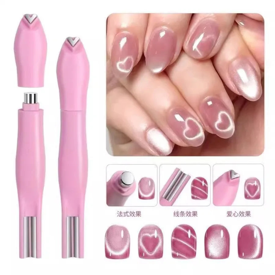 1Pcs 3-In-1 Heart Shape Cat Eye Nail Art Magnet Double Line Moon Snake French Magnet Pen for Magnetic Gel Polish Manicure Tools Tri Light Beauty