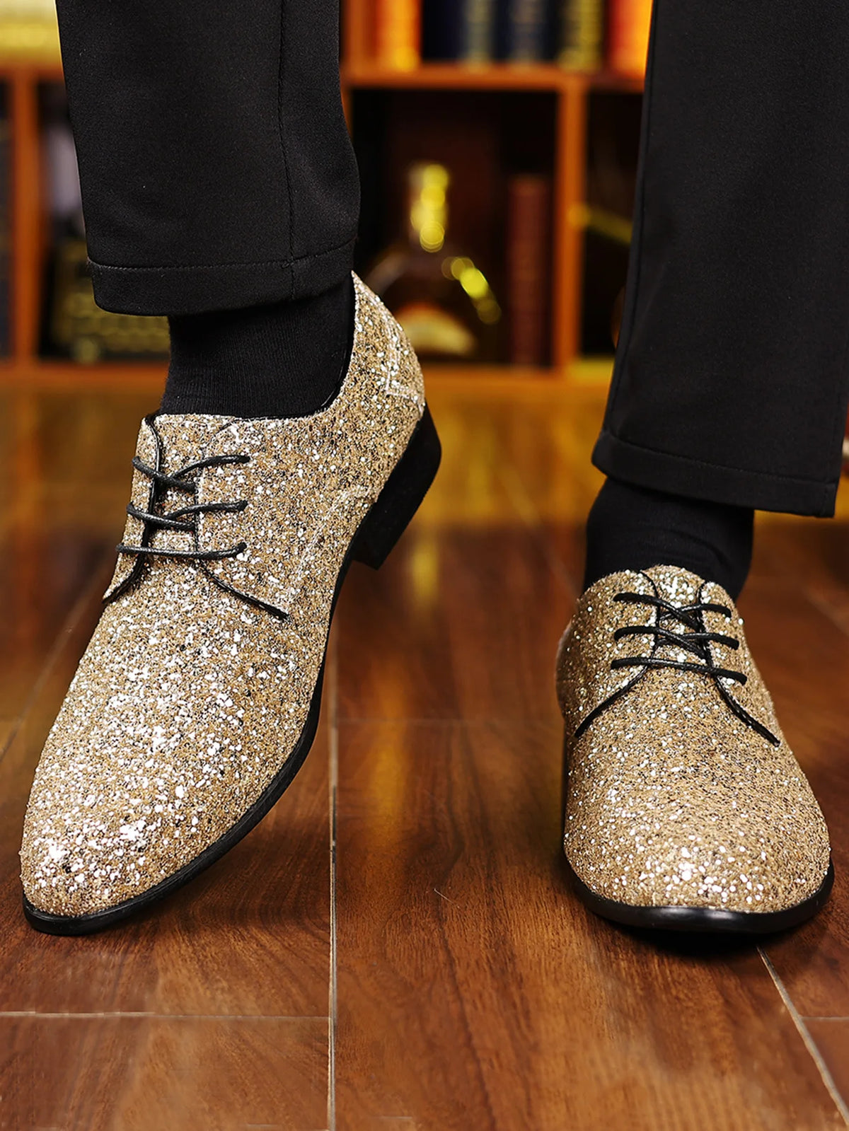 Luxury Men Dress Shoes Gold Silver Sequin Wedding Shoes High Quality Lace-Up  Oxford Shoes Fashion Designer Men Flats Large Size Pi-Mart