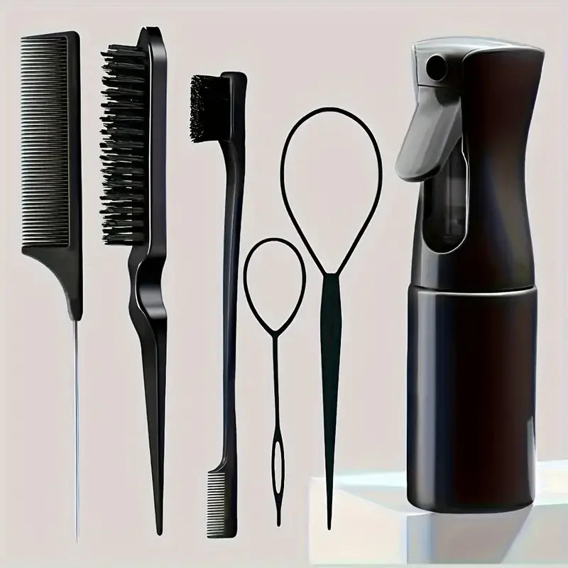 6pcs/Set Hair Brush Set Hairdressing Spray Bottle Hair Braiding Loop Rat Tail Comb Teasing Hair Brsuh Edge Control Hair Brush Tri Light Beauty