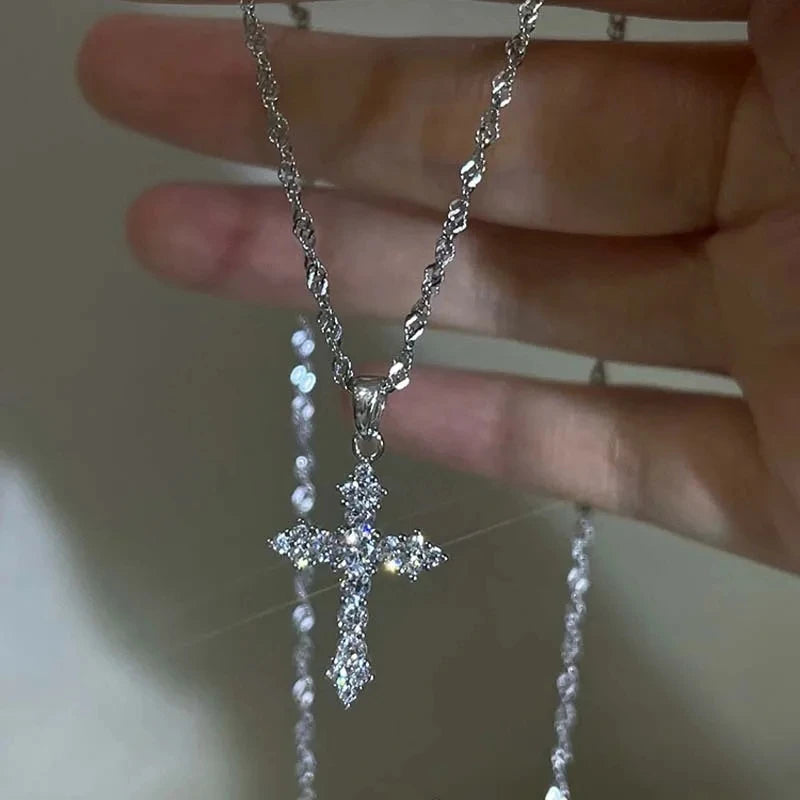 Shiny Crystal Zircon Cross Pendant Necklace for Women Girls Punk Silver Color Thin Chain Necklace Party Jewelry Birthday Gift Pi-Mart