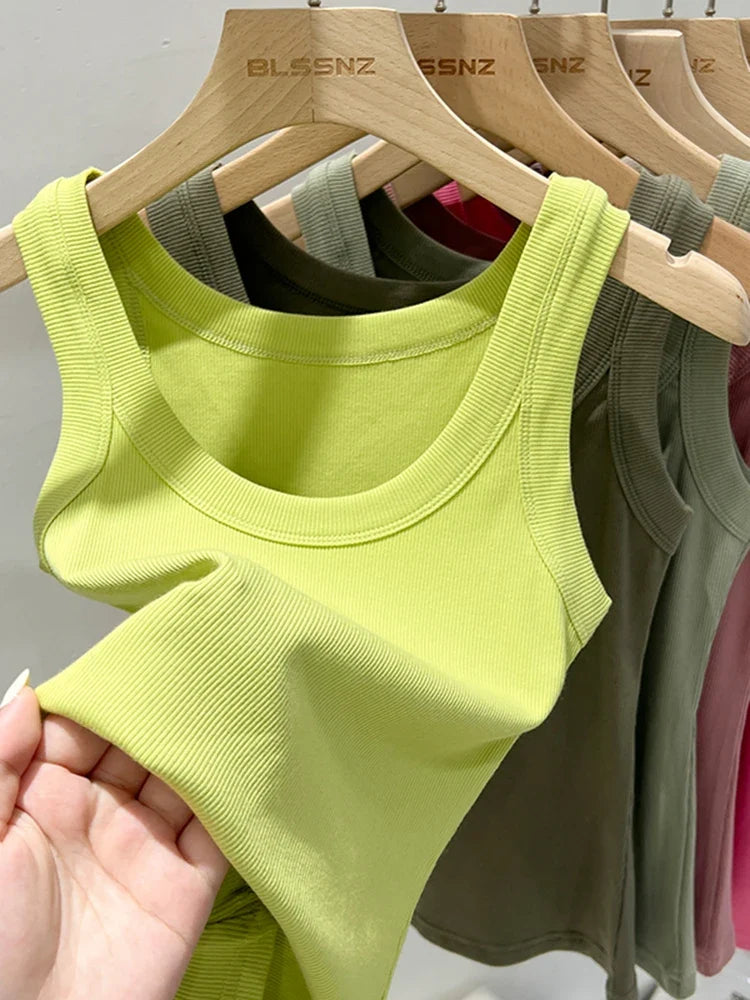 zjaiss Women Solid Round Neck Ribbed Tank Top Camisole Women 2026 Summer Basic Elastic Tank Top O Neck Solid Tank Top Tri Light Beauty
