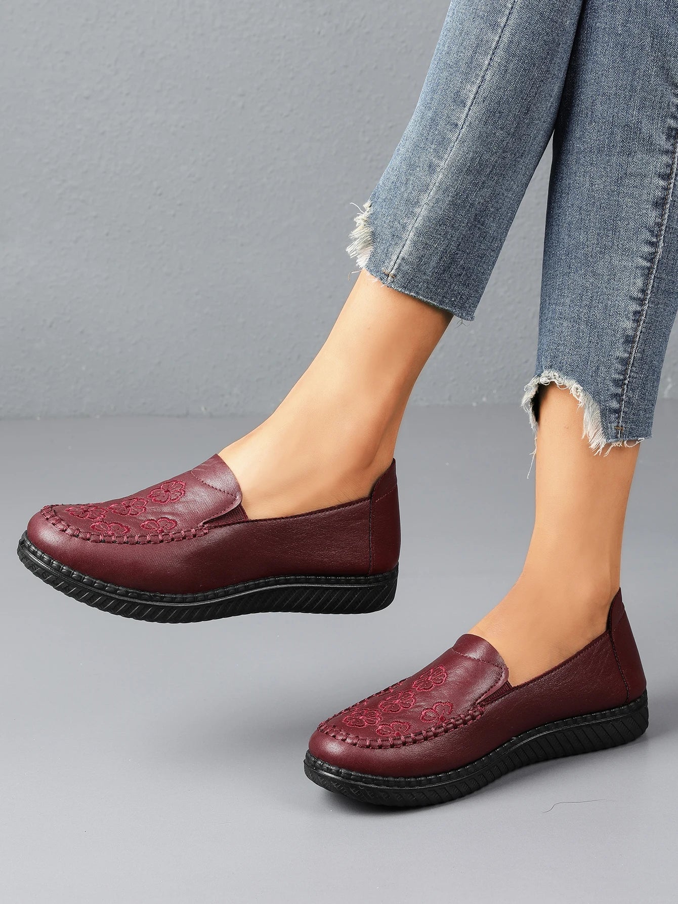 Women's Spring Autumn Leather Loafers Floral Embossed Slip‑On Flats Anti‑Slip Comfort Casual Mom Daily Walking Free Shipping Pi-Mart